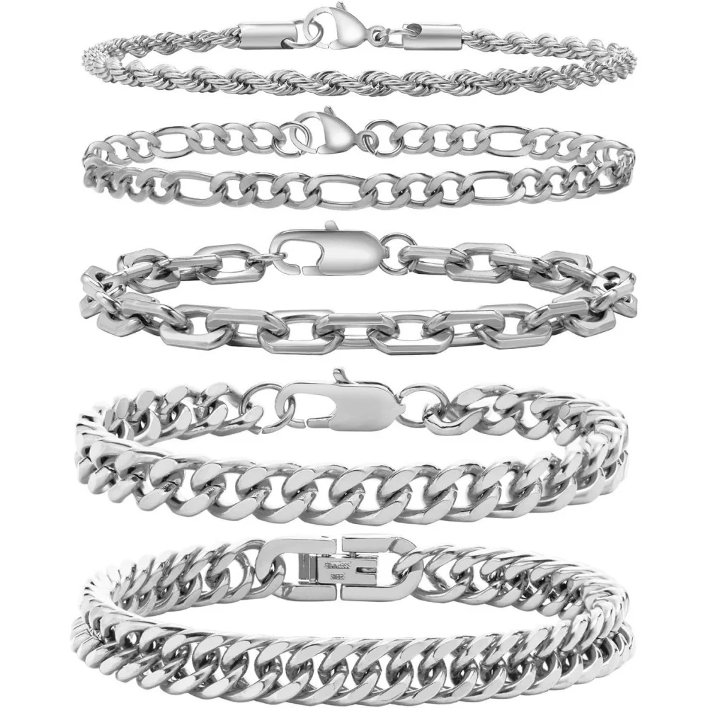 

New 5 Pcs Chain Bracelet for Men Women Sturdy Stainless Steel Curb Width Cuban Link Chain Bracelet Set for Men Jewelry Gifts