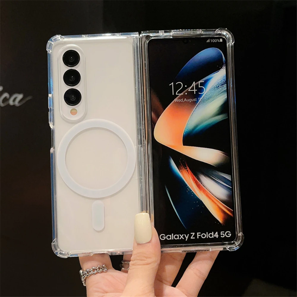 Luxury Transparent For MagSafe Magnetic Wireless Charging Case For Samsung Z Fold 6 4 5 Zfold 3 5 Hard Acrylic Shockproof Cover