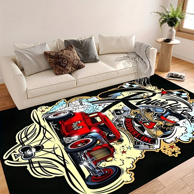 Vintage Hot Rod Car Area Rug, House Rock Rumble Skulls Print Floor Mat for Bedroom Garage, Man Cave Decor Rug, Washable Carpet