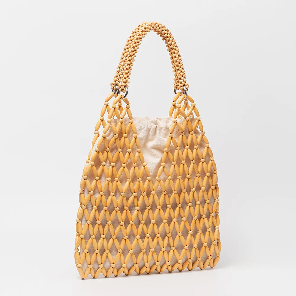 Handtasche aus Ahornholz, europäische und amerikanische gewebte Umhängetasche, Strandtasche für den Urlaub am Meer, neue Holzperlen-Tasche für Damen – Detail 4
