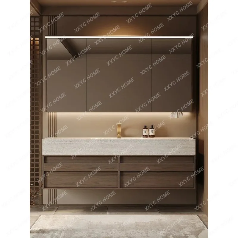 

SLMedieval walnut color bathroom cabinet combination rock slab integrated basin simple, washstand hand washbasin