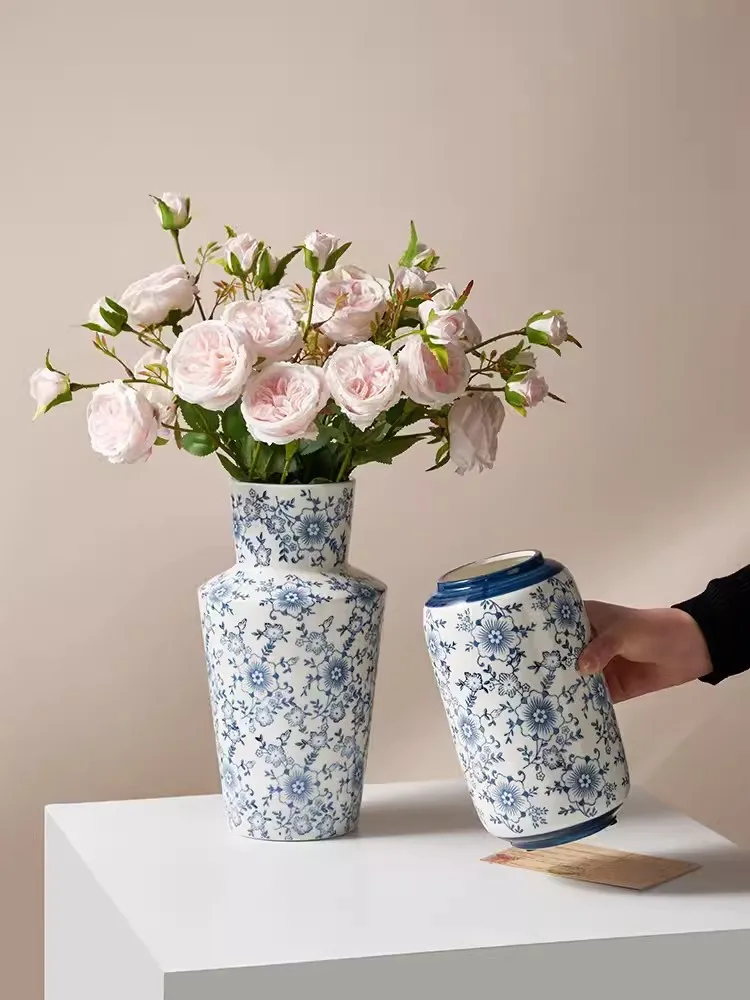 Chinese style ceramic vases, blue and white porcelain, new Chinese style living room, retro water raised flowers, flower arrange