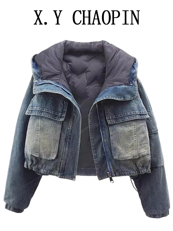 

Ретро-куртка из американского денима, двусторонняя, с капюшоном, хлопковая, женская, повседневная, в корейском стиле, с пэчворком, весна-осень