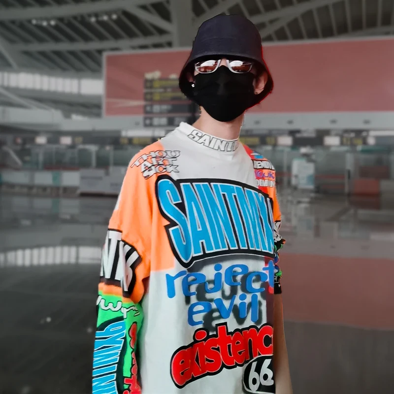 

Quan Zhilong'S Trendy Motorcycle Culture Graffiti Long Sleeved Round Neck T-Shirt Men'S Women'S Sports And Leisure Versatile Top