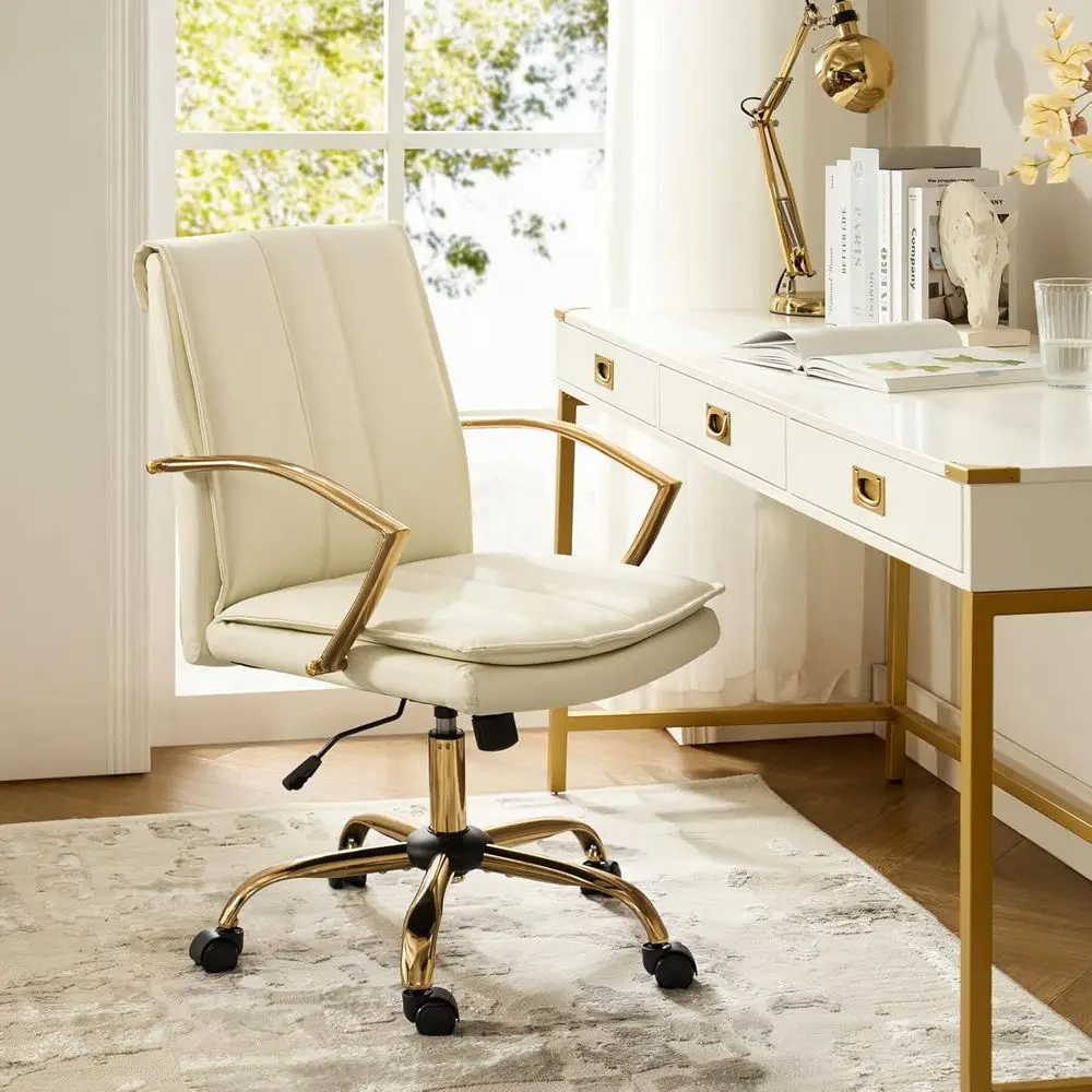 

White Leather Office Chair with Adjustable Swivel, Rocking, and Rolling Wheels, Upholstered Desk Chair with Gold Legs and Arms