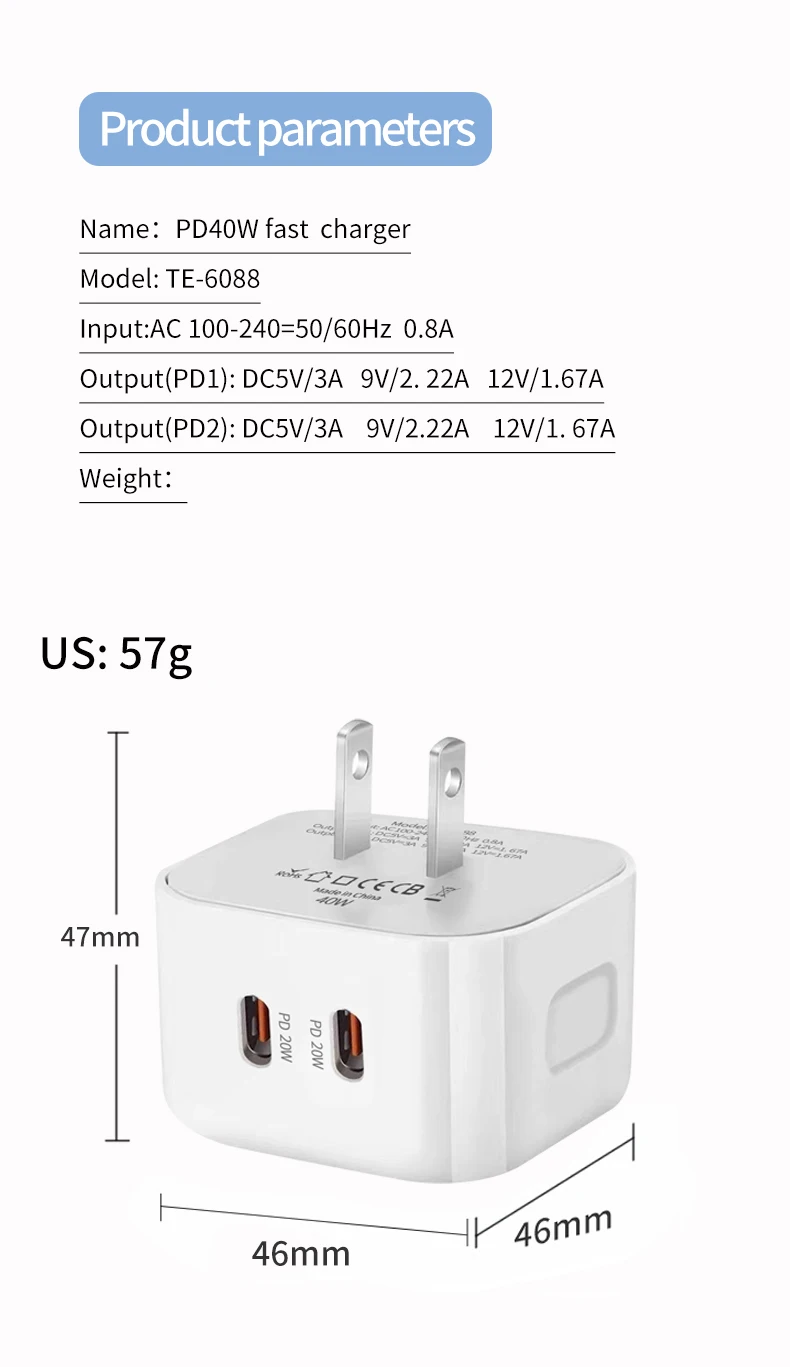 40W Type C Charger Fast Charging Dual PD QC 3.0 Mobile Phone Charger Adapter For iPhone Samsung Huawei Xiaomi USB C Wall Charger