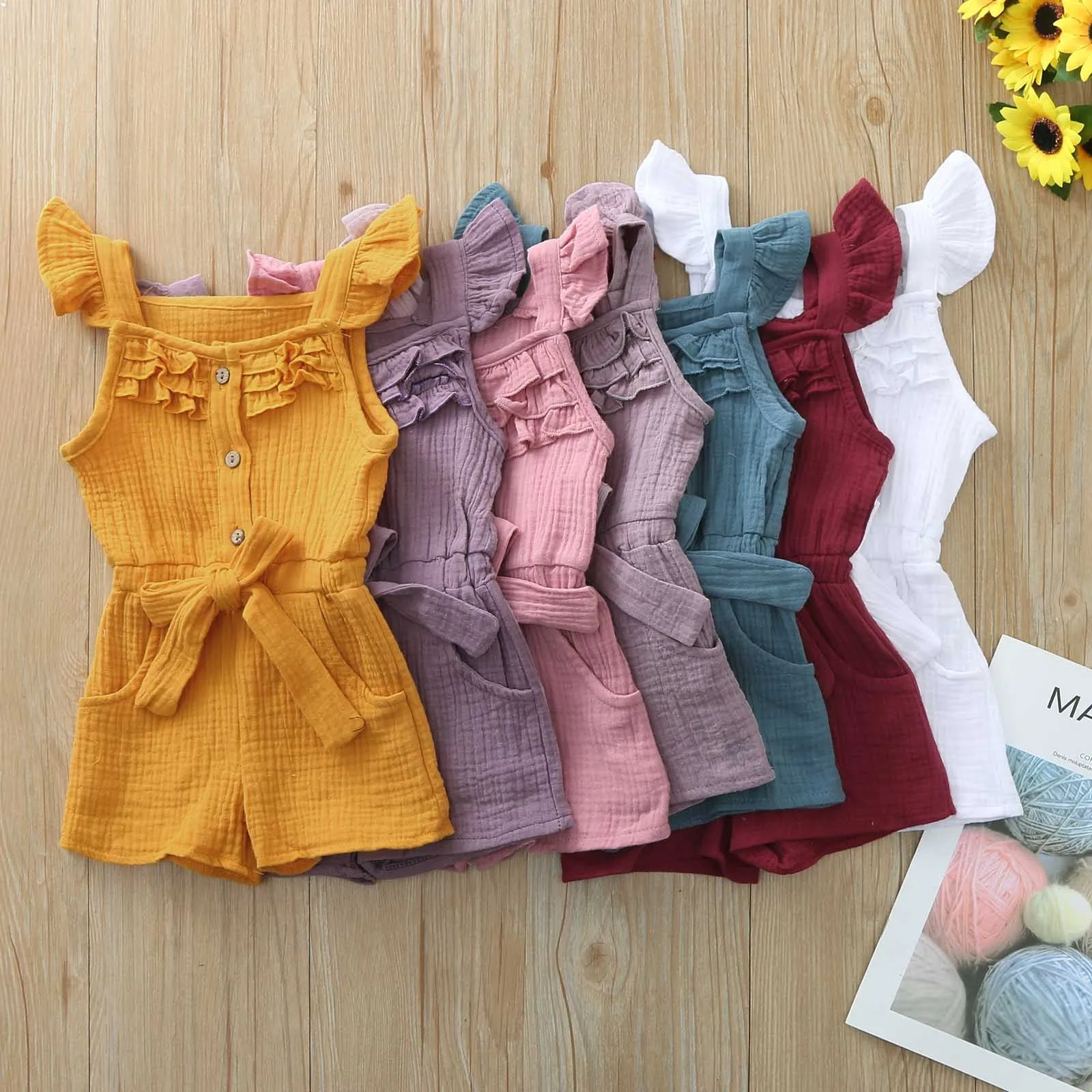 Ruffled Romper Kids Summer Outfit Cute Girl Clothes Belt Waist Fashion Multi Color Jumpsuit Casual Toddler Wear Soft Child T1