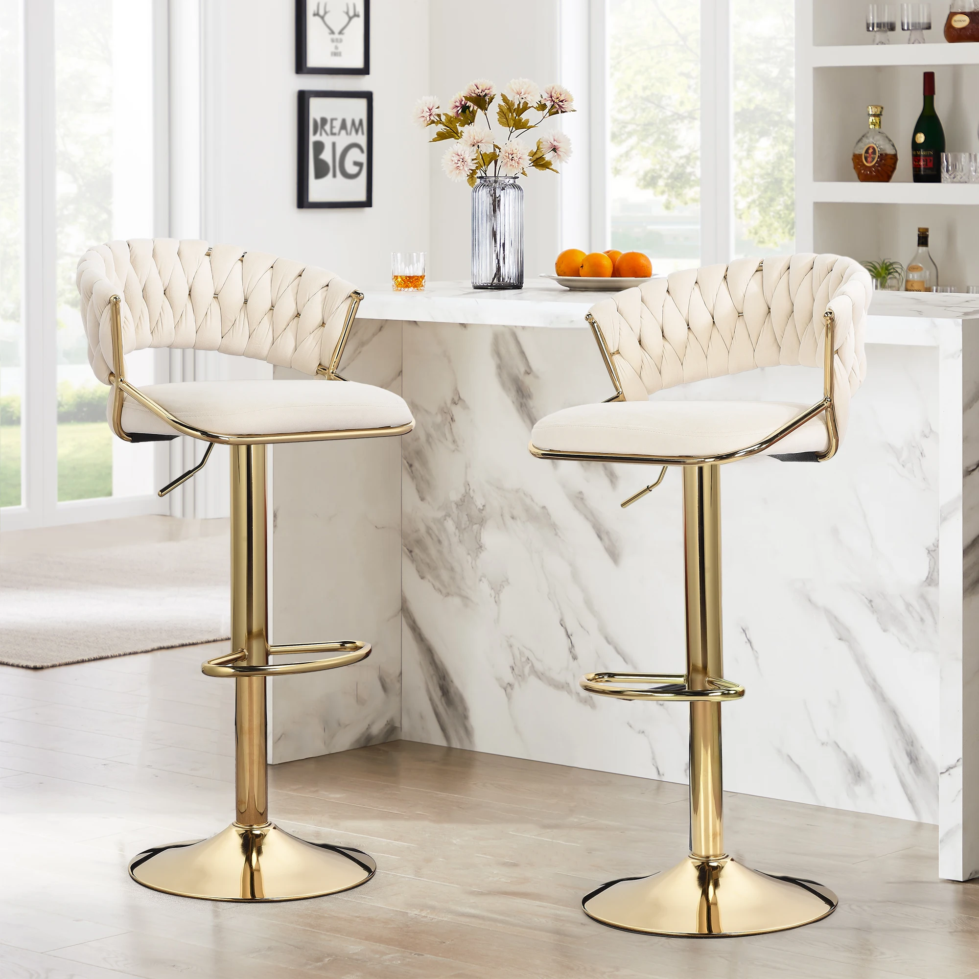 Bar stool set of 2 pieces, small bar stool with backrest, adjustable height, velvet and metal counter stool