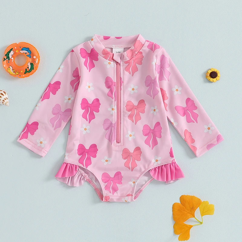 Toddler Girl Ruffle Swimsuit Long Sleeve Zipper Rash Guard Bathing Suit Cute Bow Pattern Swimwear