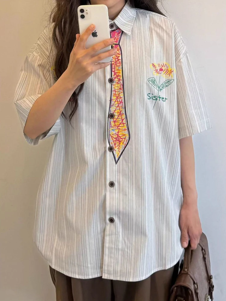 Jmprs قميص Y2K مرسومة يدويًا بلوزة نسائية فضفاضة غير رسمية على طراز Preppy بلوزة كلاسيكية أمريكية كبيرة الحجم Harajuku بأكمام قصيرة قطع علوية لطيفة Bf #5