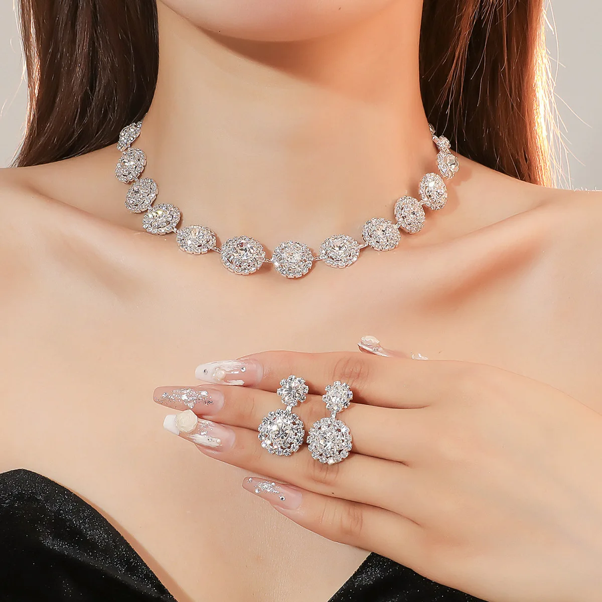 Juego de Collar y Aretes Choka Premium Luxury Super Flash Diamond, Aretes de Novia, Accesorios para Vestido de Novia