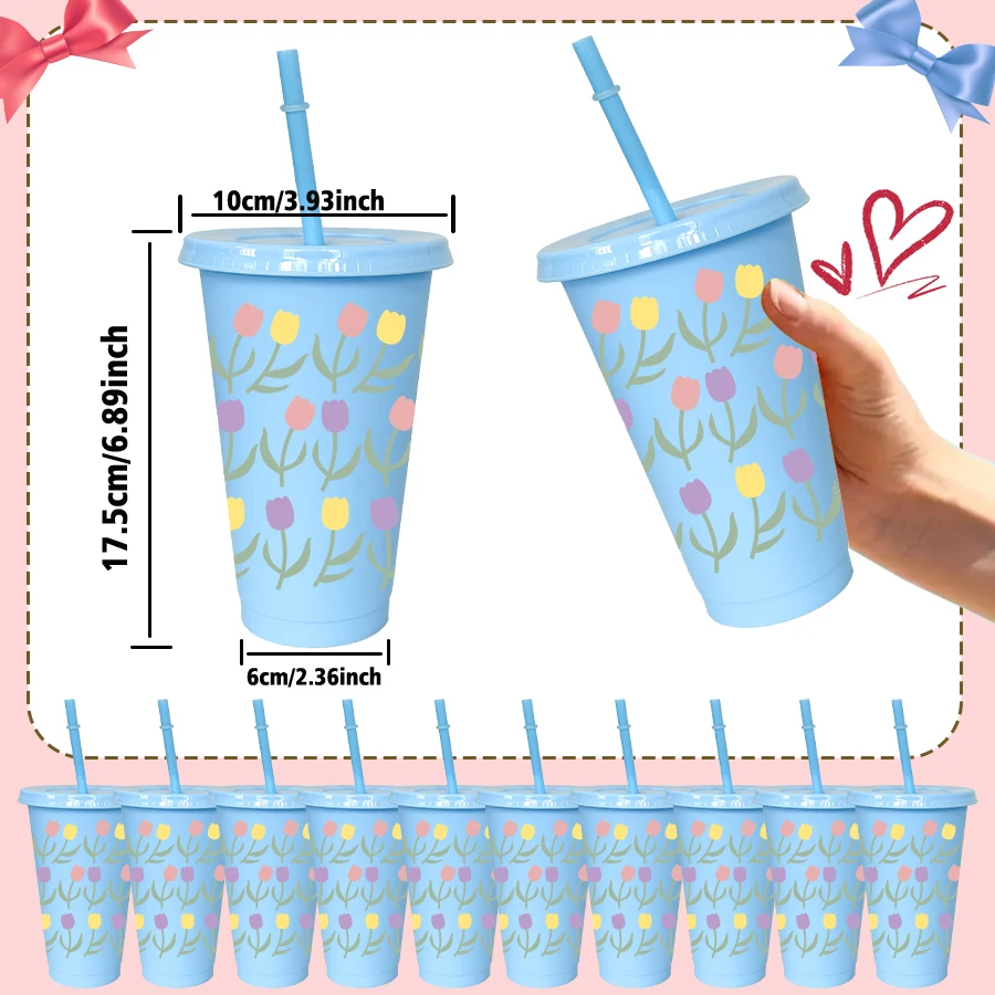 12Pcs/pack Tulip Patterns 780ml/26oz Plastic Tumbler Wedding Cold Cup Birthday Party Drinkware for Back-to-school Gifts view 2