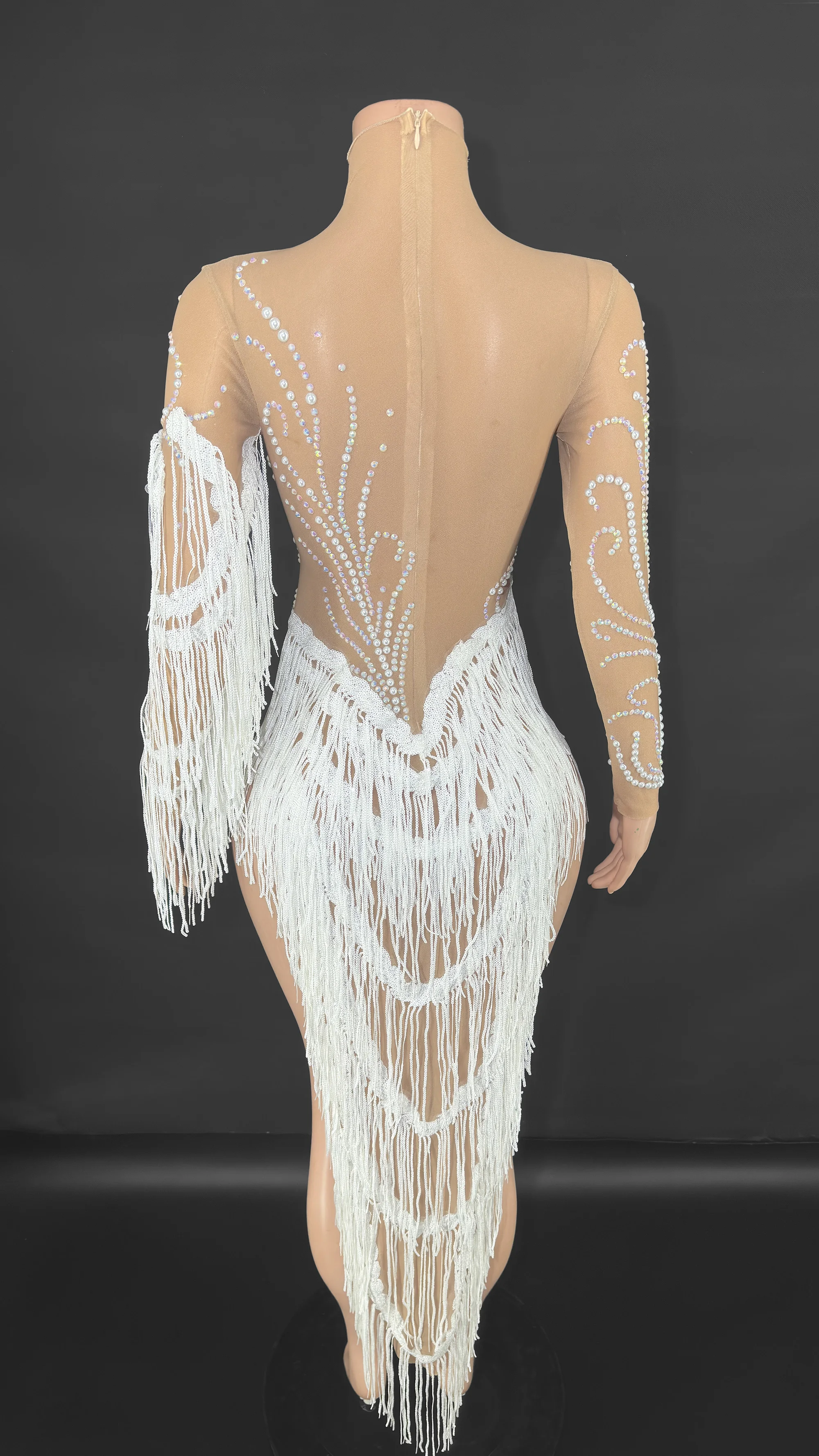ZD Luxus-Body mit Strass-Fransen – glitzerndes, durchsichtiges Mesh-Tanzoutfit für Bühne und Auftritte