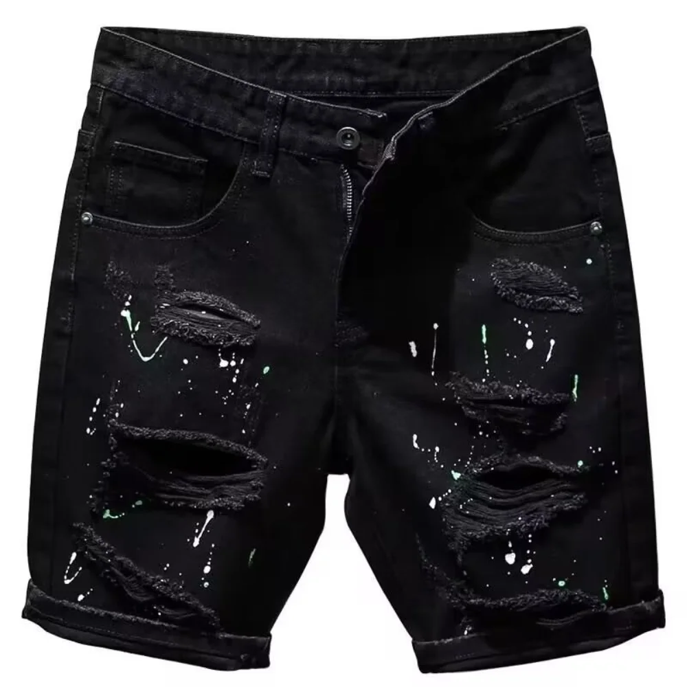 Summer Luxury Kpop Men\'s Y2K Streetwear Ripped Jeans Trendy Dotting Ink Designer Distressed Casual Boyfriend Black Denim Shorts