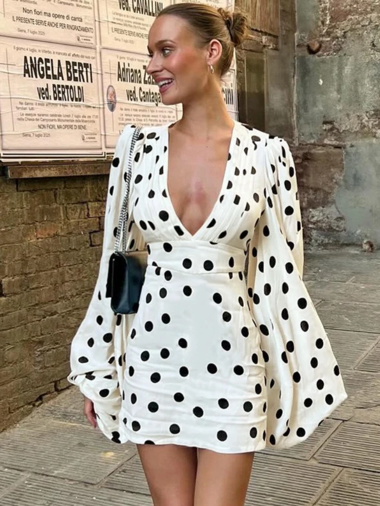 

Tossy Fashion Polka Dot Print Sexy Deep V-Neck Mini Dress For Women Bell Sleeves Slim Dress Y2k Women's Bodycon Dress New 2025