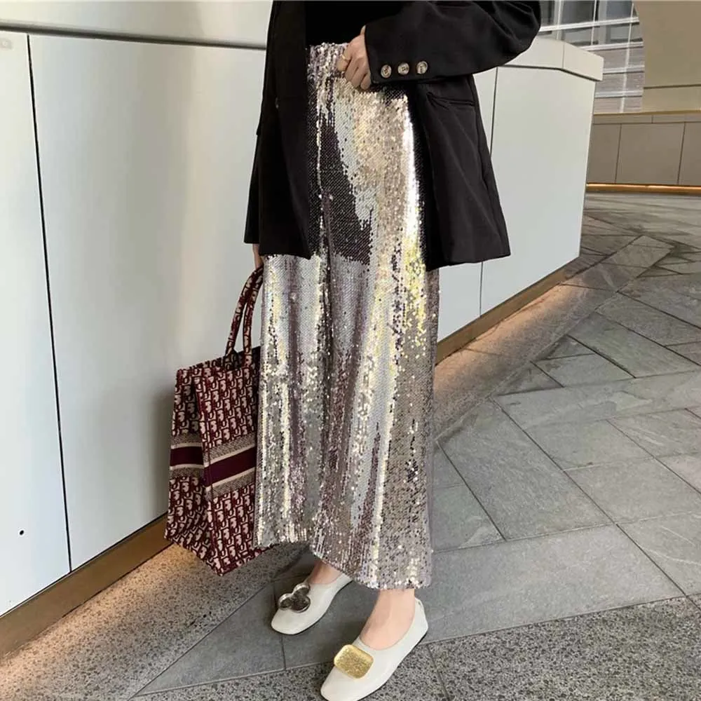 

Women Sliver Sequin Trousers Fashion Street Style Casual Wide Leg Pants High Waist Buling Trend Female Pants