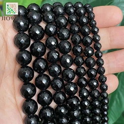 Natural Smooth Faceted Black Agates Beads 15'' Strand 4/6/8/10/12/14mm Round Loose Stone Beads for Jewelry Making Diy Bracelets