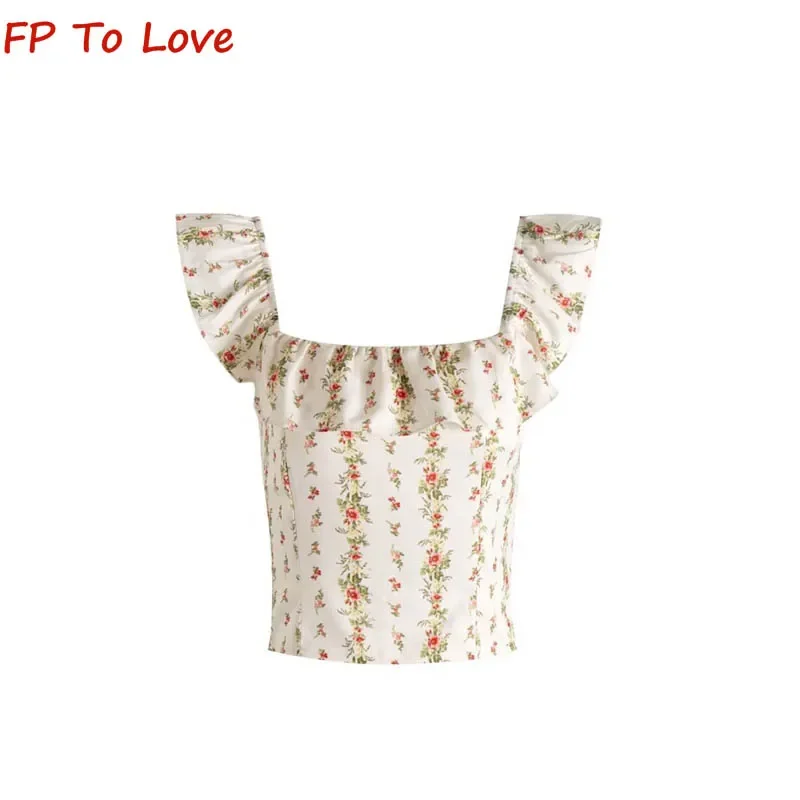 

Spice Girls Vintage Rustic Girl Printed Square Neck Fly Sleeve Plunge Square Neck Lace Top Sexy Camisole