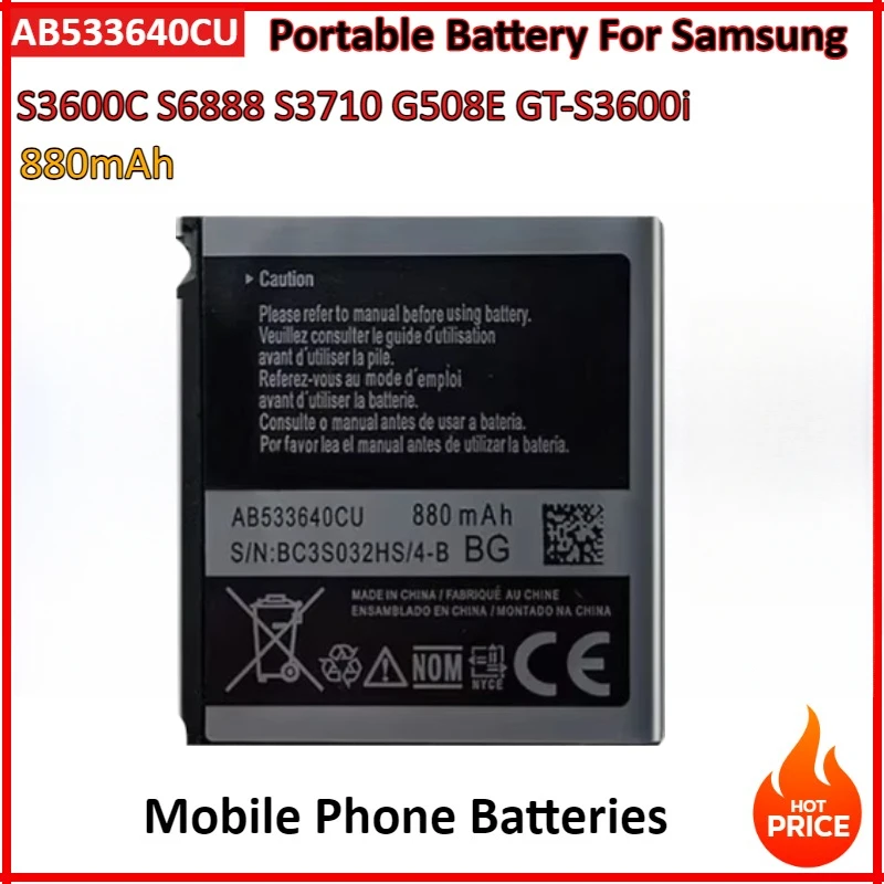 880mAh Mobile Phone Batteries AB533640CC AB533640CU For Samsung S3600C GT-S3600i S6888 S3710 S3930C S3601 S3601C S5520 S569