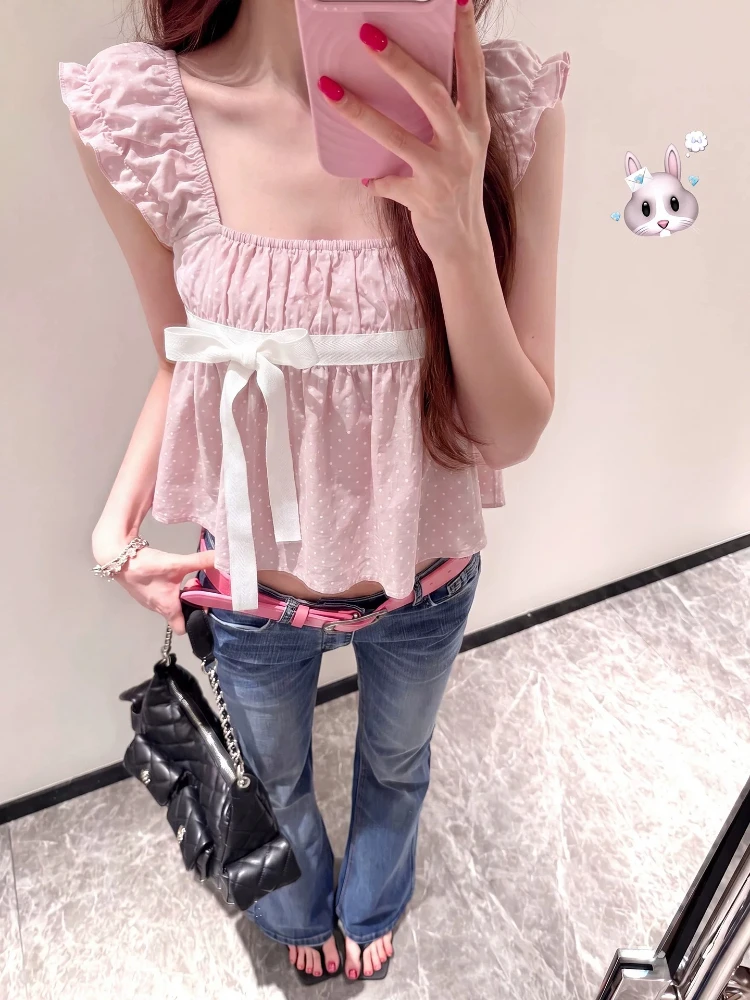 Coquette Sweet Korean Polka Dot Two Piece Set Women Puff Sleeve Bow Crop Top High Waist Ruffle Cake Shorts Casual Wear 2026 - view 3