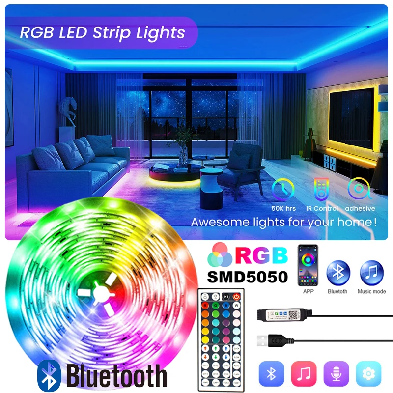 Bluetooth LED Strips SMD5050 Phone Control Neon Ice Lighting with 24Key Lamp for Bedroom Decoration TV Backlight DC5V Room Decor