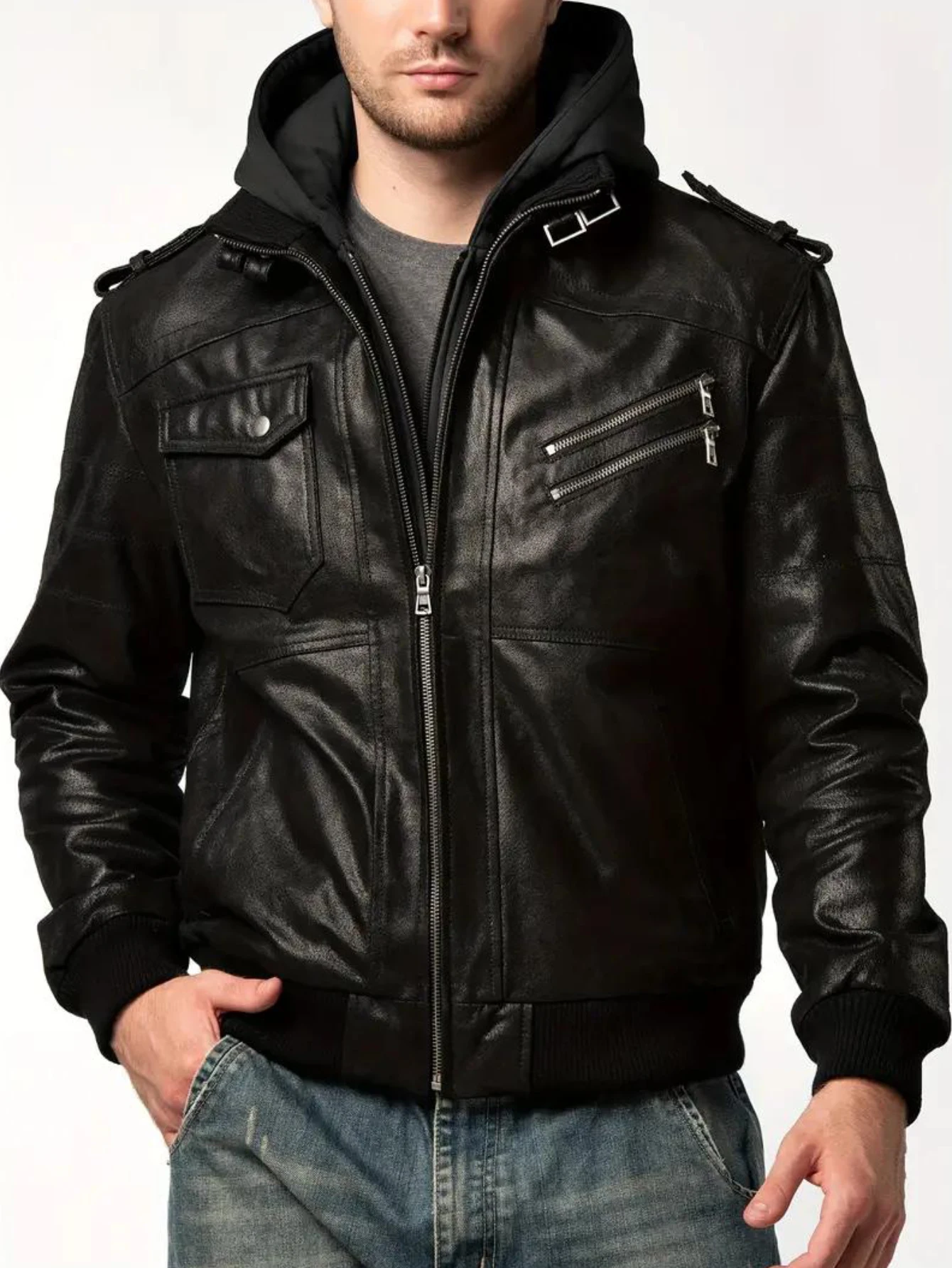 Men Spring Autumn Faux Two Piece Leather Jacket Men Motorcycle Style PU Coat Male Hooded Long Sleeve Solid Color Leather Jacket