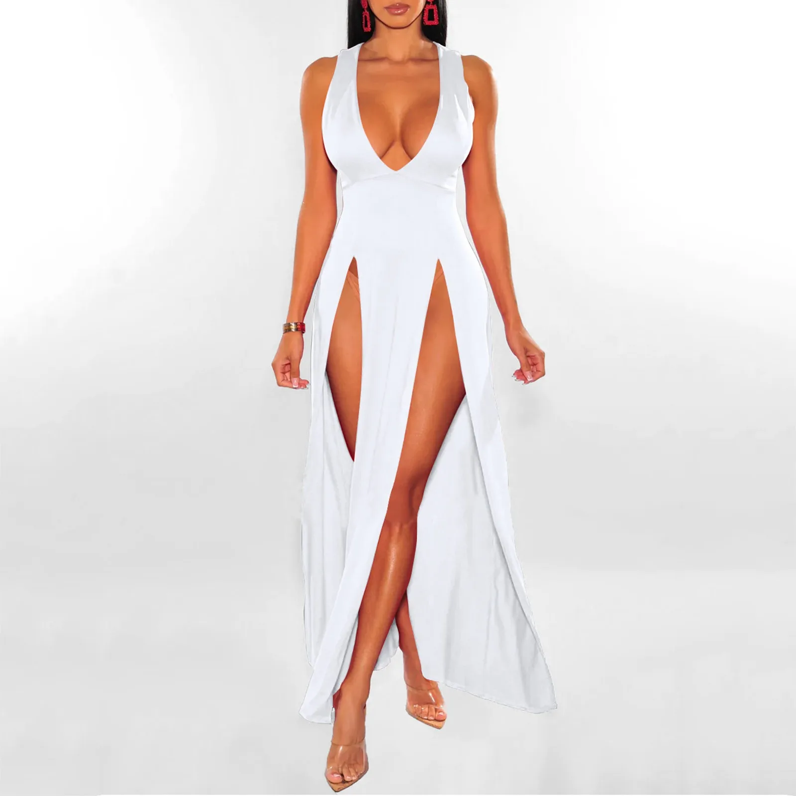 

Sexy Sleeveless Bandage Slim Evening Cocktail Party Long Dress Womens Side Split Deep V Neck Bodycon Clubwear Maxi Vest Dress