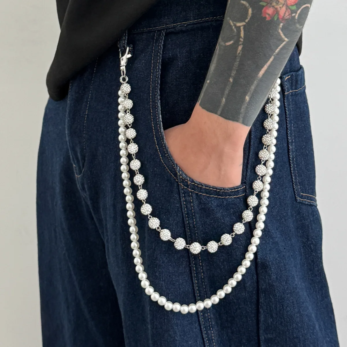 Salircon Trendy Exquisite Strass Imitation Perle Schlüsselbund Taille Gürtel Männer Hip Hop Jeans Tasche Brieftasche Ketten Straße Schmuck Geschenk