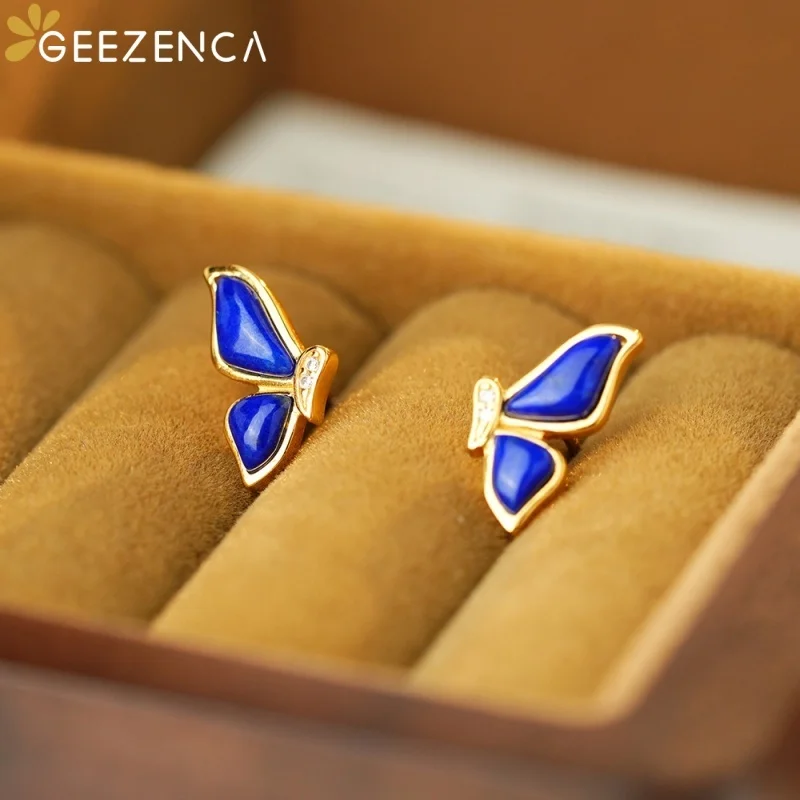 GEEZENCA Blue Lapis Lazuli 925 Silver Gold Plated Butterfly Stud Earrings Women CZ Dainty Lightweight Small Stack Earring Gift