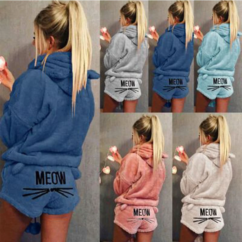 Women Coral Velvet Pajamas Set Autumn Winter Warm Pajamas Two Piece Set Sleepwear Cute Cat Meow Pattern Hoodies Shorts Set