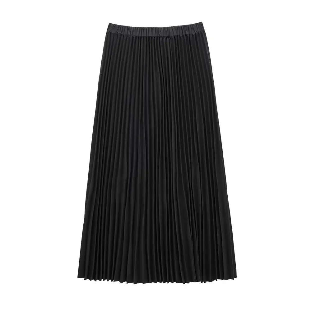 Willshela Women Fashion Black Pleated Midi Skirt French Style Female Chic Lady Mujer Long Skirt