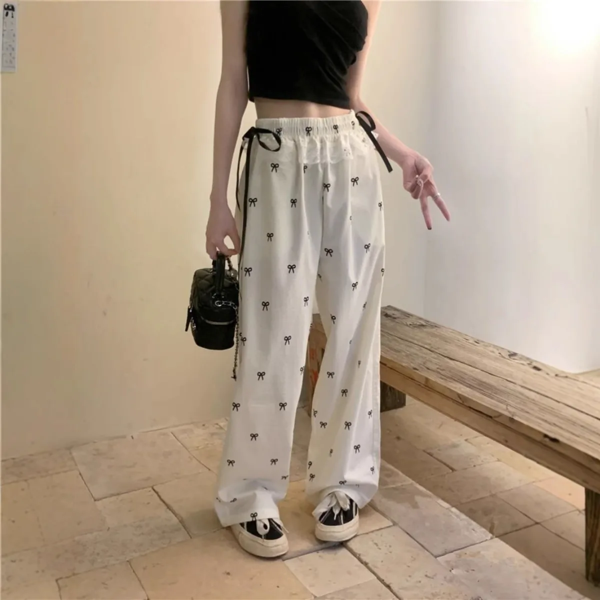 2025 Pantaloni da jogging casual da donna Pantaloni solidi a vita alta con coulisse Pantaloni larghi a gamba larga Pantaloni sportivi streetwear a farfalla