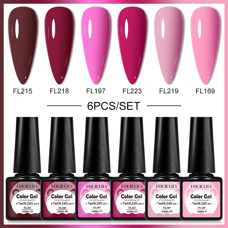 FOUR LILY 6-teiliger bunter Gel-Nagellack, rosa, rot, Macaron, Neon, langlebig, UV-LED-Gel-Nagelkunst-Lack-Set für Nägel, Maniküre