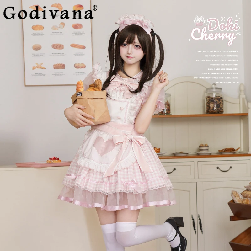 

Original Japanese Style Lolita Princess Tea Party Dress Summer Girls Sweet Cute Plaid Short Dress Loli Cos Dresses Maid Outfit