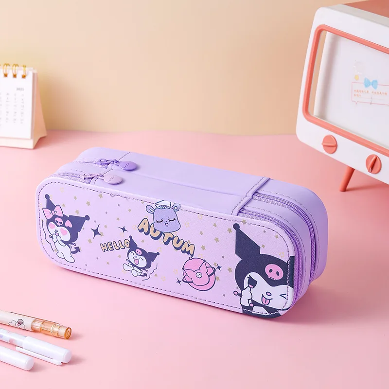 Sanrio Pencil Case Cute PU Large Capacity torage Double Layer Kawaii Kuromi Cinnamoroll Melody Pencils Bag Supplies Stationery