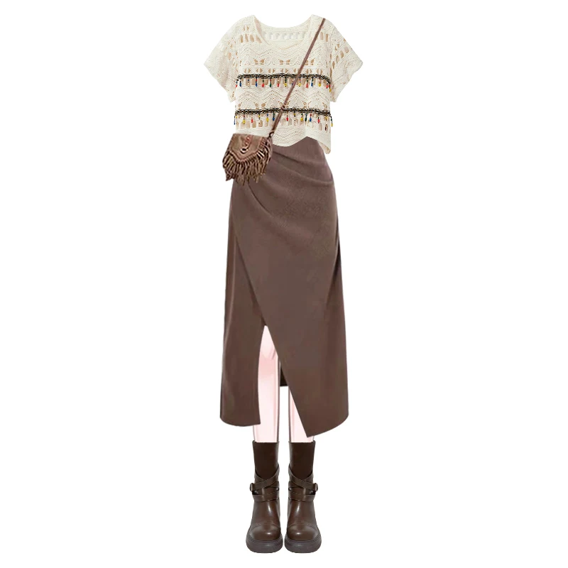 Estate vintage da donna Design Sense etnico Sle scava fuori Cover up Top cinturino asimmetrico Dr set da due pezzi gonna a trapezio