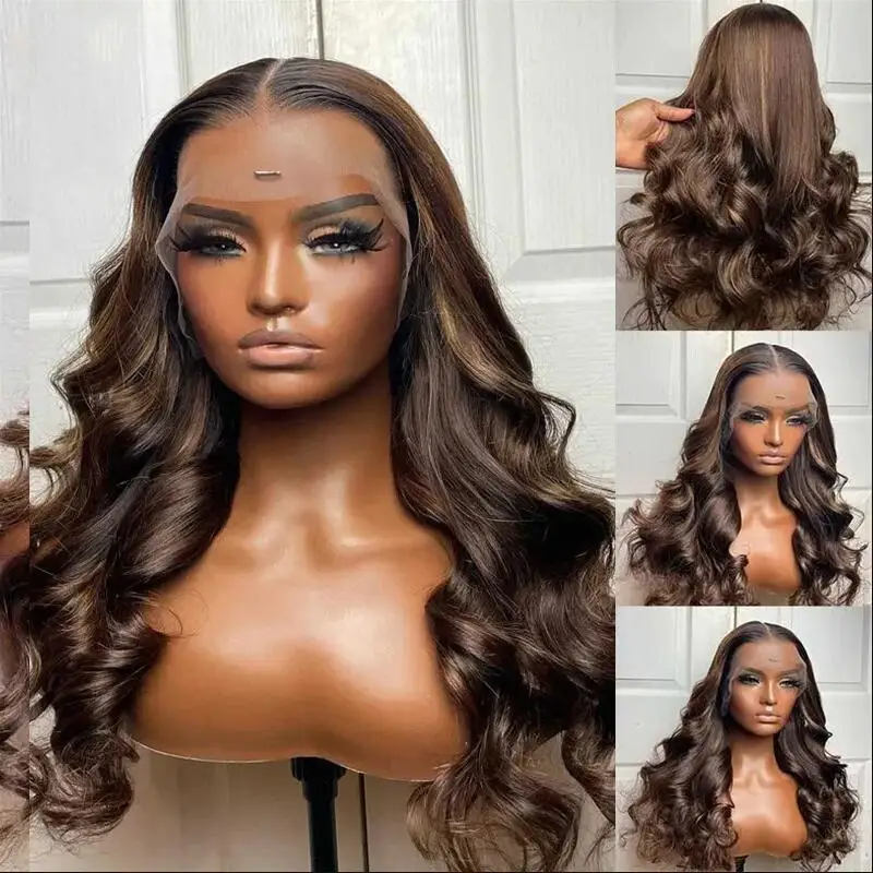 Preplucked Glueless 30”  Highlight Brown 5x5 Silk Base Body Wave Jewish Human Hair Wig Baby Hair HD Lace European Hair Fashion