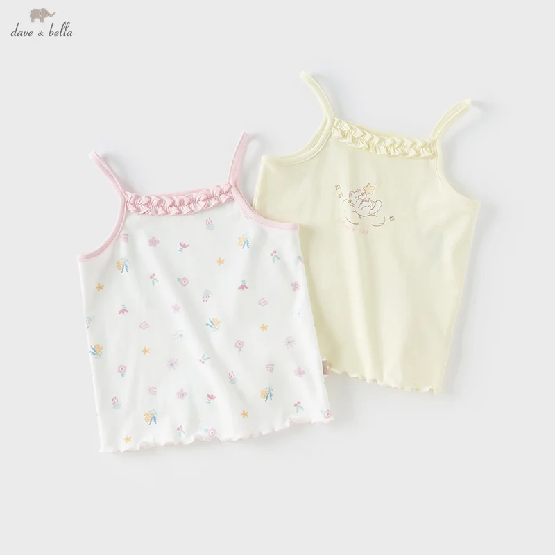 Dave Bella Girl's Tanks Top Summer Sweet Lovely Print Children's Knitted Camisoles Antibacterial Bottoming Shirt Party DB2252331