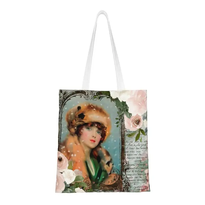 Cute Victorian Lady Shopping Tote Bag Recycling Vintage Christmas Grocery Canvas Shopper Shoulder Bag