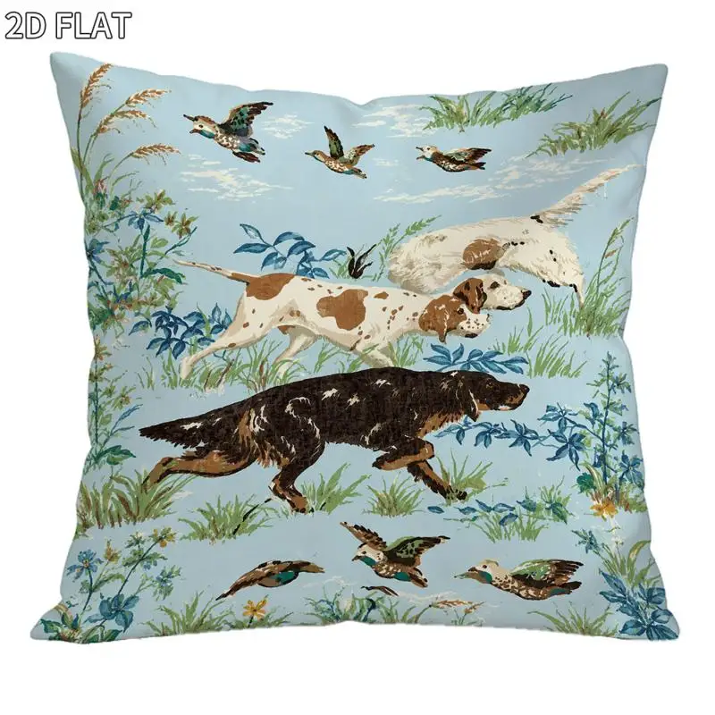 Hunting Scene Decorative Pillow Cover, 1pc 18x18 Inch, 2D Flat - Style with Dogs & Birds Pattern, Light Blue Background with Plants & Flowers, for Home Bedroom Living Room Decor, Polyester Soft Comfortable Throw Pillowcase, 2D Flat