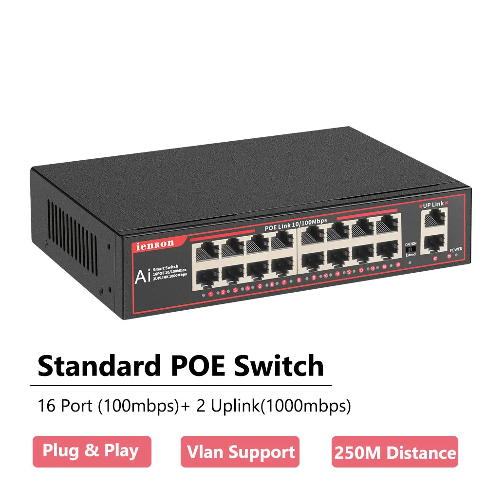 POE Switch 16 Port 100mbps Ethernet Network Switch ieee 802.3 af/at for IP Camera /CCTV Security Camera System Switch with Vlan