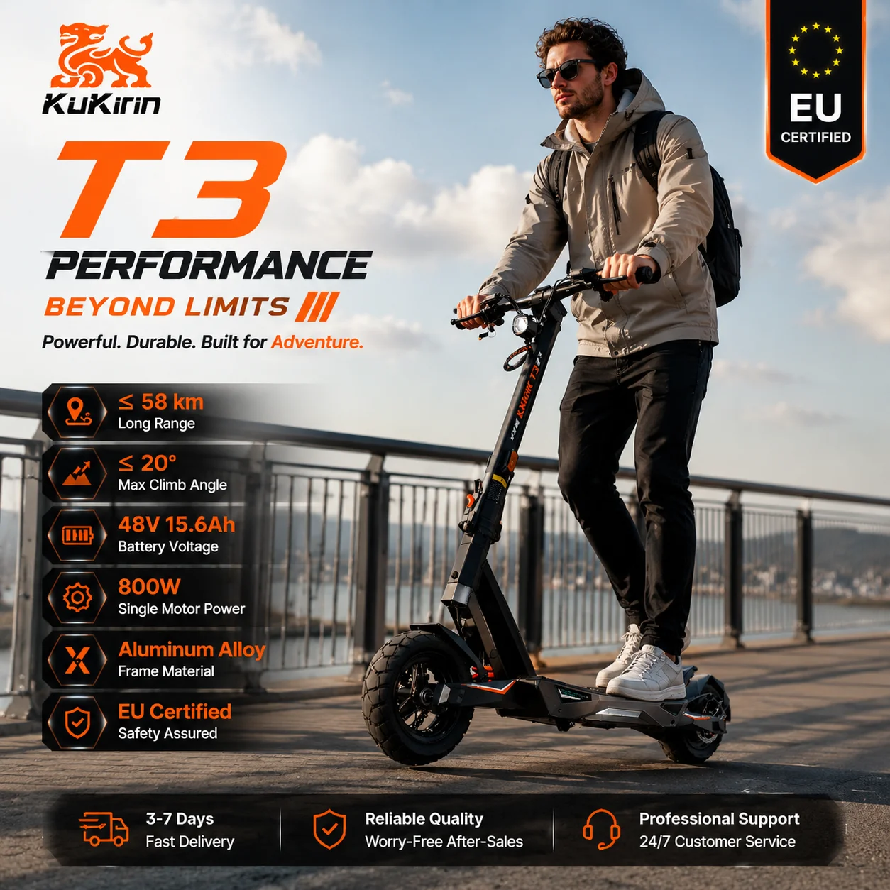 KuKirin T3 Elektroroller – 800W Motor, 48V 15,6Ah Akku, 58km Reichweite, 10-Zoll-Reifen, Ambientebeleuchtung, Faltbar