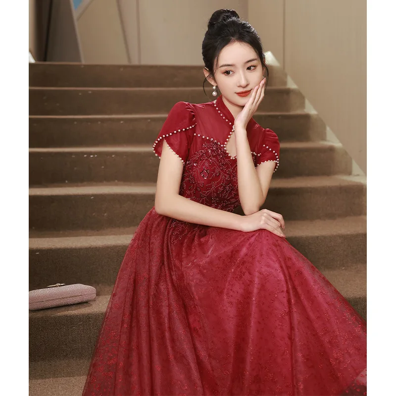 Chinese Style Stand-up Collar Classic Wine Red Vestidos Wedding Bride Toast Clothing Festive Engagement Prom Dress Gauze Skirt