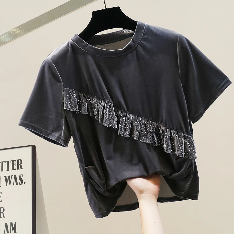 

Модная женская футболка с коротким рукавом, с круглым вырезом, сшитая из разных тканей, укороченная, дышащая, для активного отдыха