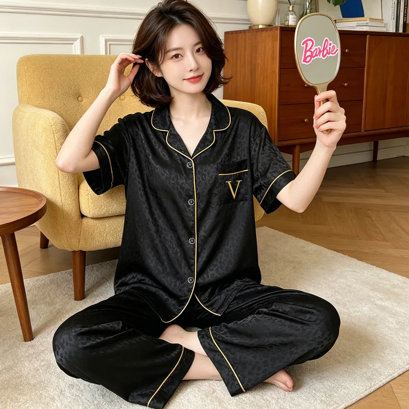

Women's Light Luxury Ice-Silk Pajamas: New Summer Collection—black Leopard-Print Short-Sleeve Top and Long Pants Loungewear Set