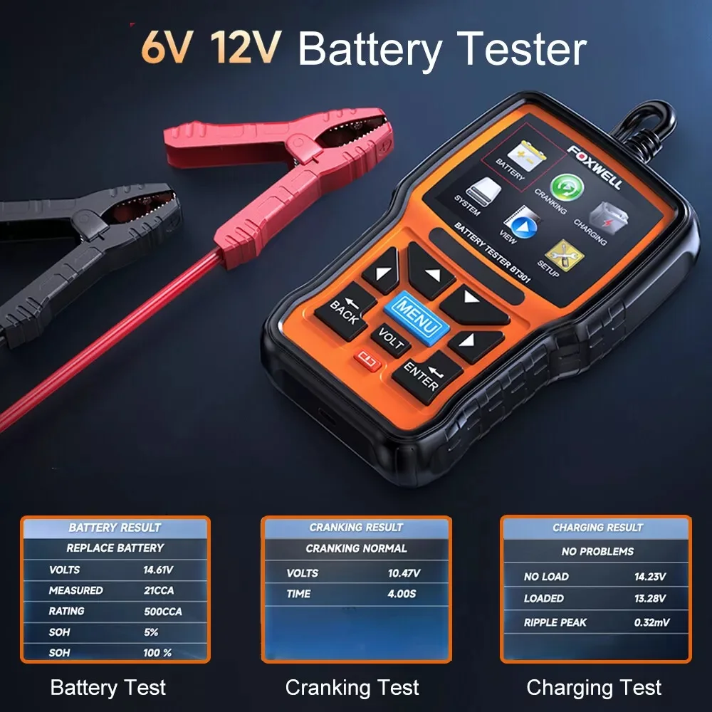 

Car Battery Tester 6V 12V FOXWELL BT301 for AGM GEL EFB Regular Flooded Digital Battery Analyzer Diagnostic Tools