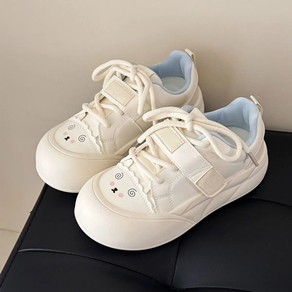 Women Girls Cute Pure White Canvas Shoes Kawaii Hook and Loop Strap Sneakers Casual Skate Board Footwear view 5