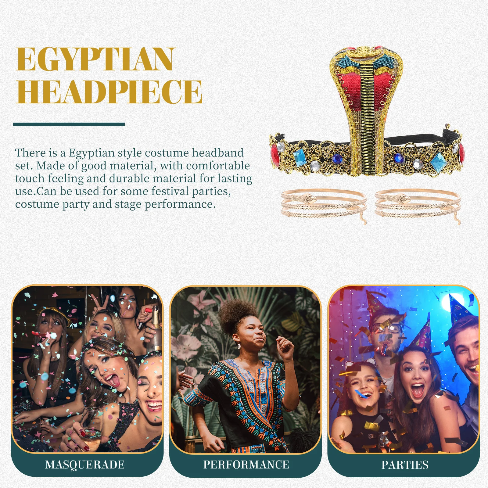 

Egyptian Costume Headband Set Snake Bracelets Durable Comfortable Halloween Party Cosplay Costume Accessory Egyptian Headpiece
