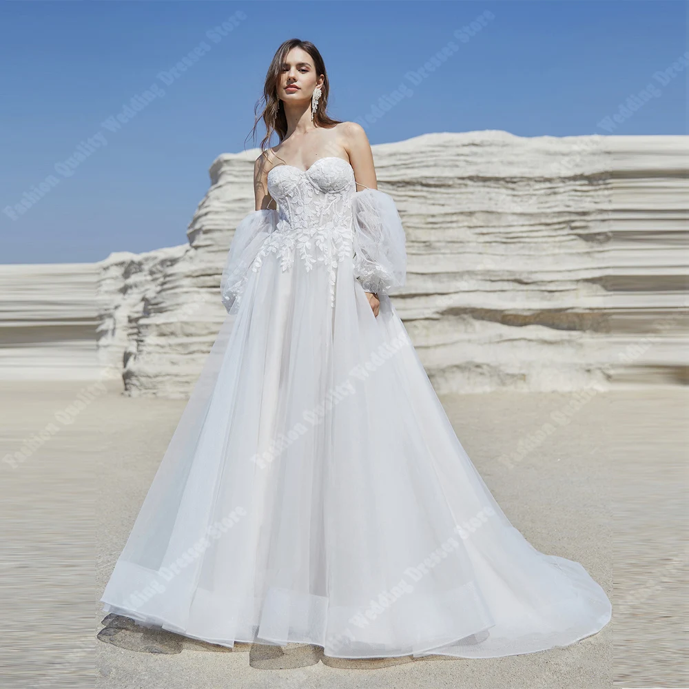 

Elegant White Women Wedding Dresses Off Shoulder Long Sleeves Lace Applique Bridal Gowns Custom Made Classical Vestidos De Noiva