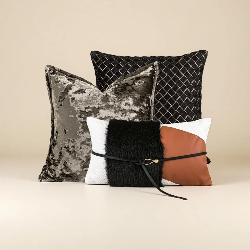 Premium Hotel Style Horsehair Pillow Cover Modern Decorative Black White Cushion Cover for Luxury Home Pillow Case Airbnb Decor